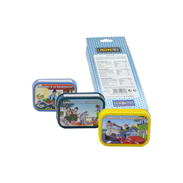 COFFRET 3 BOITES SARDINES LA BONNE MER (citron, pissaladière, ratatouille)